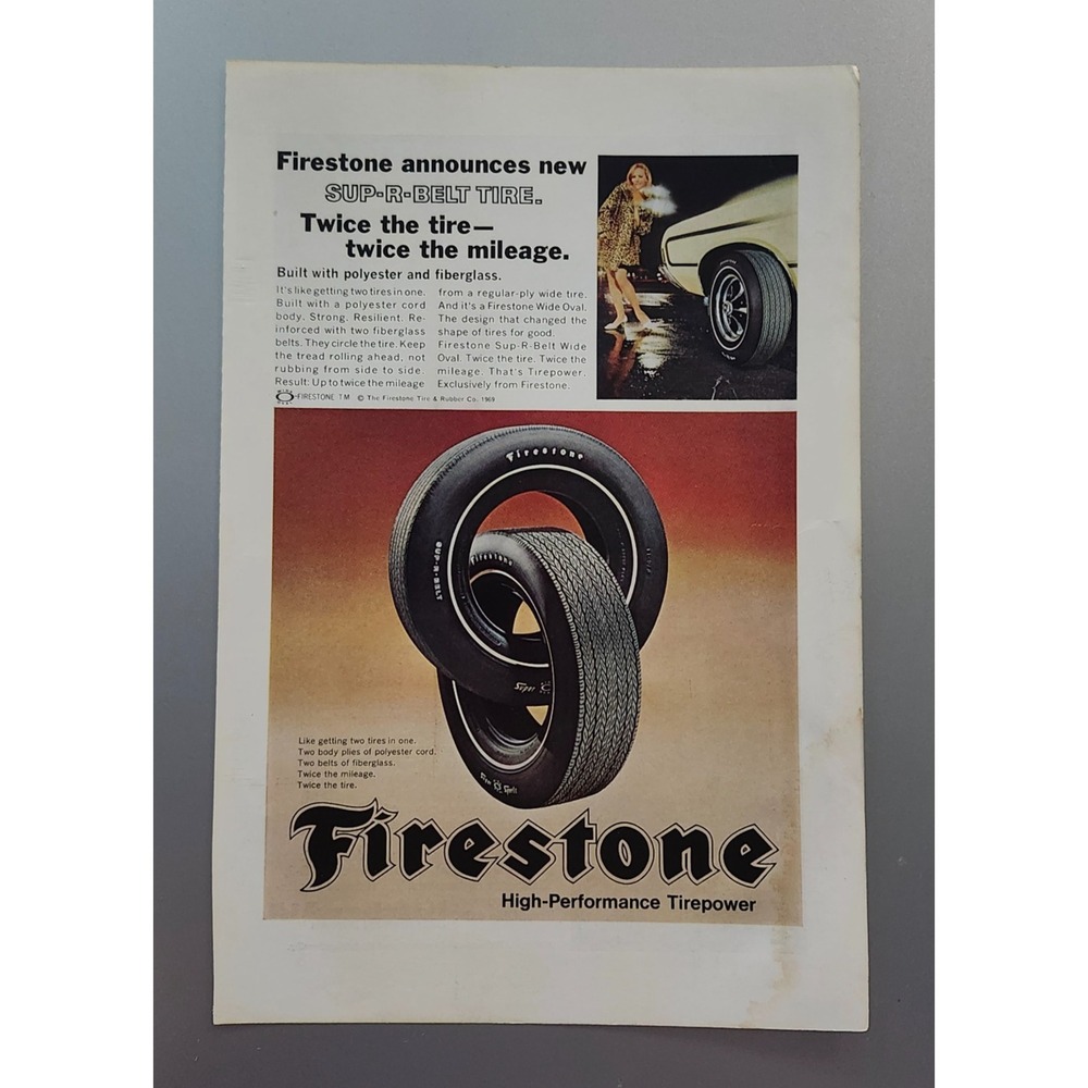1969 FIRESTONE TIRES Original Vintage Print Ad Chrome‎ Wheels Wide Oval